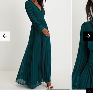 Sophisticated Grace Emerald Green Pleated Long Sleeve Maxi Dress